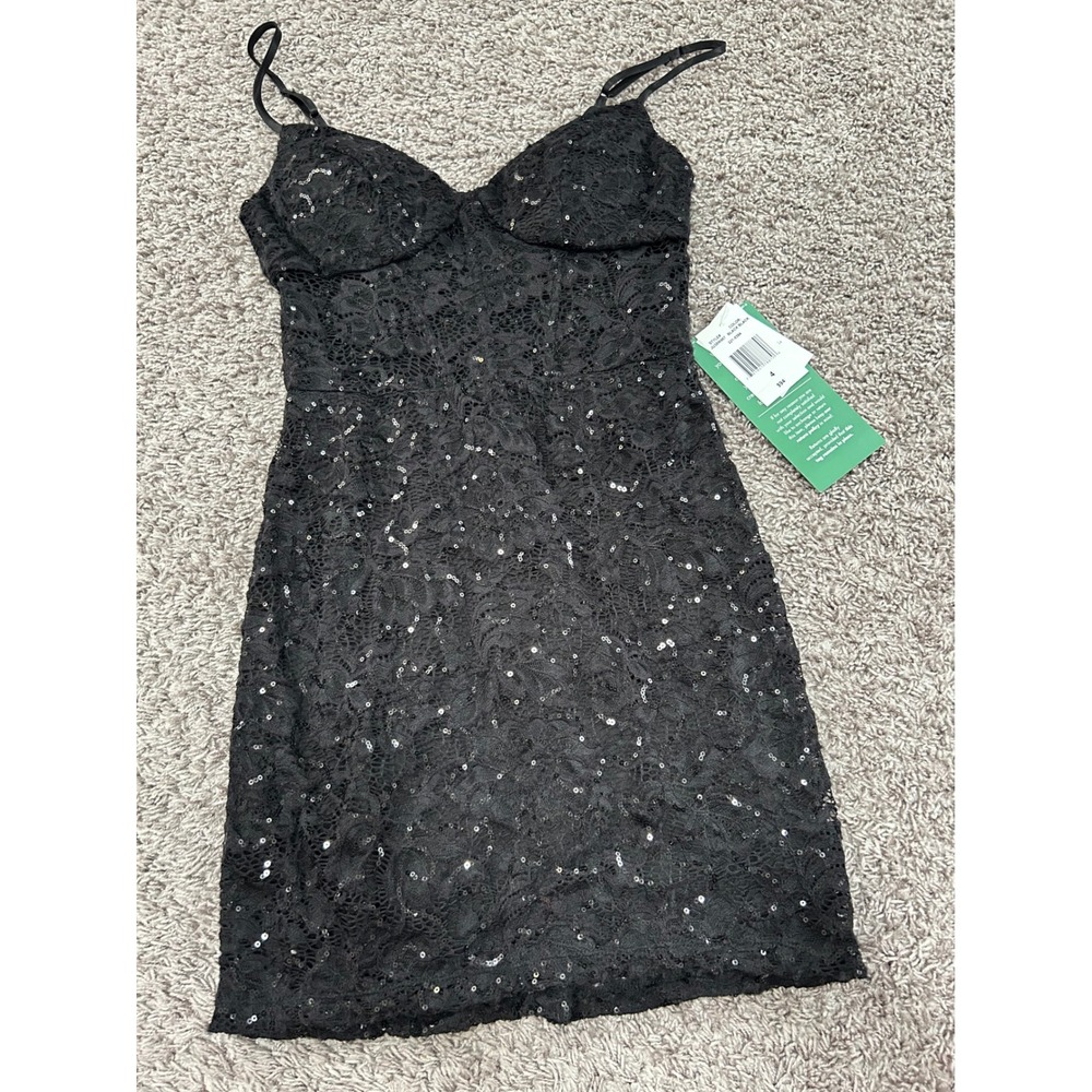 B. Smart Womens Black Sequin Lace Mini Dress Sweetheart Neckline Size 4 JU38W467